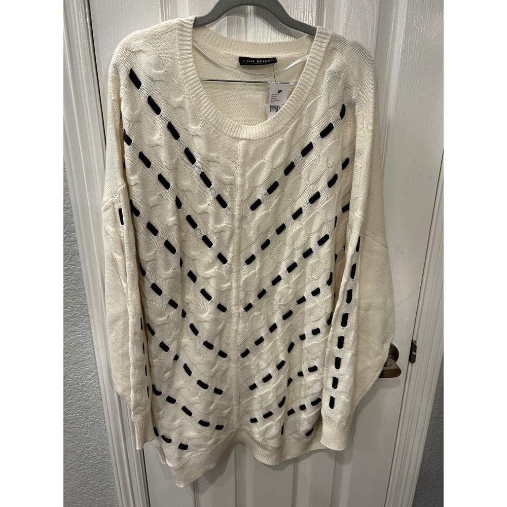 Lane Bryant Sweater Ivory Black Cable Knit Dash Pattern Pullover 26/28 NEW